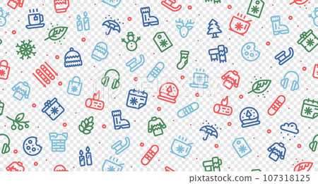 Winter holidays background. Winter set with seamless pattern. Collection winter icons. Snowman, tree, snowflakes, gift box. Vector illustration 107318125