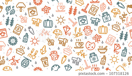 Autumn seamless pattern. Autumn background. Collection autumn icons. Leaves, mushroom, acorn, berries. Vector illustration Autumn seamless pattern. Autumn background. Collection autumn icons. Leaves, mushroom, acorn, berries. Vector illustration 107318126