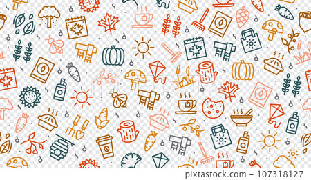 Autumn seamless pattern. Autumn background. Collection autumn icons. Leaves, mushroom, acorn, berries. Vector illustration Autumn seamless pattern. Autumn background. Collection autumn icons. Leaves, mushroom, acorn, berries. Vector illustration 107318127