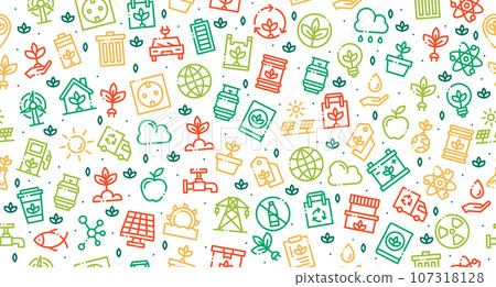 Ecology seamless pattern. Ecology background. Collection ecology icons. Pattern banner eco symbol elements. Green seamless pattern. Vector illustration Ecology seamless pattern. Ecology background. Collection ecology icons. Pattern banner eco symbol elements. Green seamless pattern. Vector illustration 107318128
