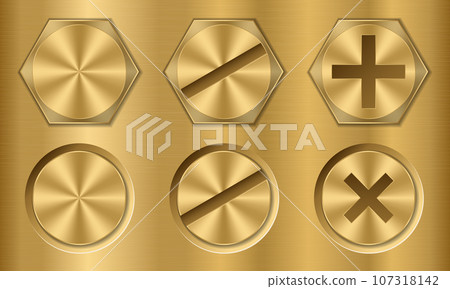 Set of gold bolt heads. Screw and bolt heads top view. Gold metal bolts. Vector illustration 107318142
