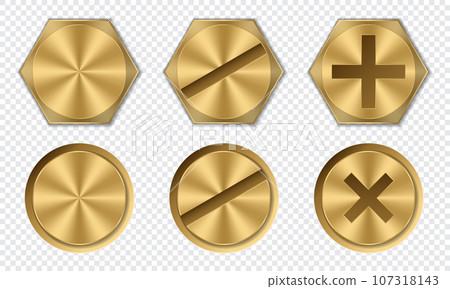 Set of gold bolt heads. Screw and bolt heads top view. Gold metal bolts. Vector illustration Set of gold bolt heads. Screw and bolt heads top view. Gold metal bolts. Vector illustration 107318143