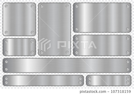 Brushed steel sign frame with metal screws. Realistic metal brushed plate. Metal plates. Steel signs. Vector illustration 107318159