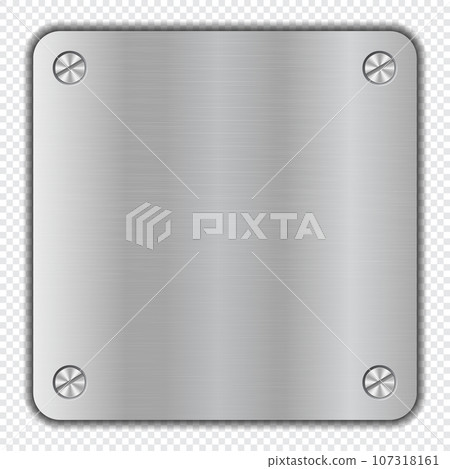 Brushed steel sign frame with metal screws. Realistic metal brushed plate. Metal plate. Steel sign. Vector illustration 107318161