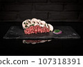 Minced meat and mushrooms, pork beef farce, dark background 107318391