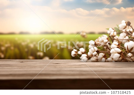 Raw cotton on the wooden table at organic farm background. Generative AI 107318425