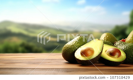 Fresh avocado on wooden table with blurred nature landscape background. Generative AI 107318429