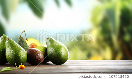 Fresh avocado on wooden table with nature background. Generative AI 107318430
