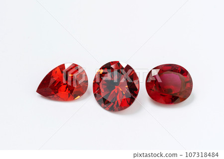 set collection Red Ruby gemstone isolate on white background, close up shot 107318484