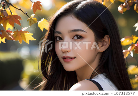 [AI image] A woman looking back and smiling against the background of autumn leaves 107318577