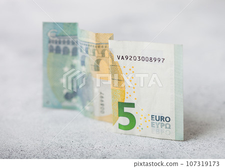 Five euro banknote close up on light background. World economy crisis concept. 107319173