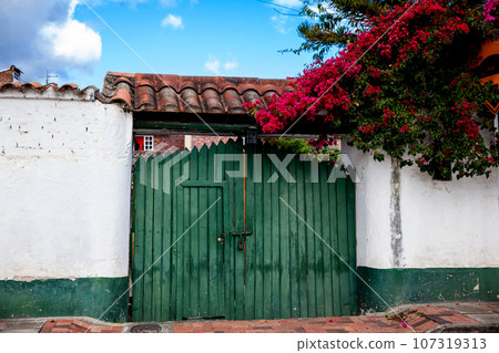 Detail of the beautiful colonial architecture of the streets of the colonial small town of Iza located in the Boyaca department in Colombia 107319313