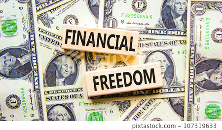 Financial freedom symbol. Concept words Financial freedom on beautiful wooden blocks. Dollar bills. Beautiful background from dollar bills. Business financial freedom concept. Copy space. 107319633