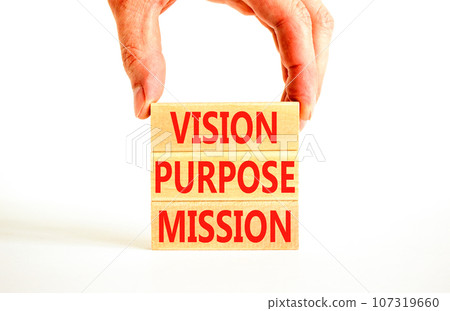 Vision purpose mission symbol. Concept word Vision Purpose Mission on beautiful block. Beautiful white table white background. Business motivational vision purpose mission concept. Copy space. 107319660