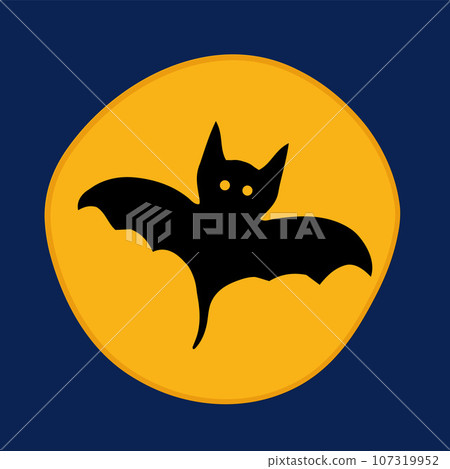 Halloween Icon bat with terrible grimace. Vector Black silhouettes icon in yellow circle moon. 107319952
