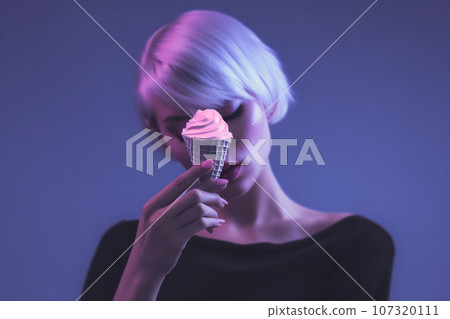 Beautiful woman with strange makeup holding an ice cream. Fashion model. On pink background Beautiful woman with strange makeup holding an ice cream. Fashion model. On pink background 107320111