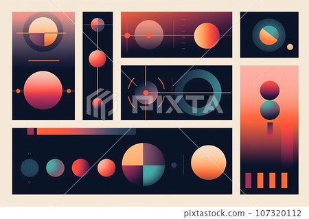 Various geometrical shapes, lines, gradients. Background in 60s, 70s, 80s style. Wallpaper or poster blank Various geometrical shapes, lines, gradients. Background in 60s, 70s, 80s style. Wallpaper or poster blank 107320112