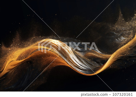 Abstract luxury shiny golden wave design element on black background. The golden color of a transparent smoky wave 107320161