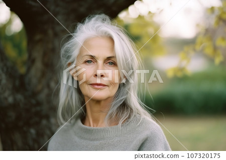 Smiling middle age grey-haired woman in outside. Autumn Smiling middle age grey-haired woman in outside. Autumn 107320175