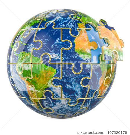 Earth Globe from puzzles without one puzzle, 3D rendering Earth Globe from puzzles without one puzzle, 3D rendering 107320176