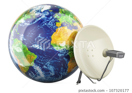Earth Globe with satellite dish and satellite modem. Global Satellite Internet access concept. 3D rendering 107320177
