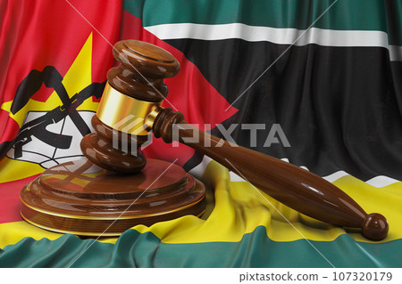 Mozambican law and justice concept. Wooden gavel on flag of Mozambique, 3D rendering Mozambican law and justice concept. Wooden gavel on flag of Mozambique, 3D rendering 107320179