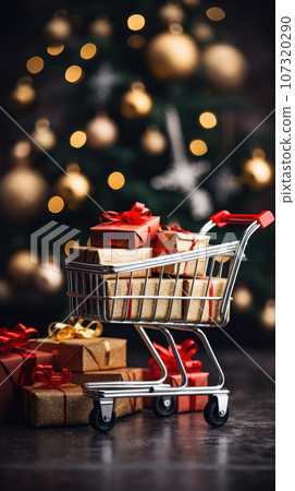 Shopping cart with Christmas gift boxes Shopping cart with Christmas gift boxes 107320290