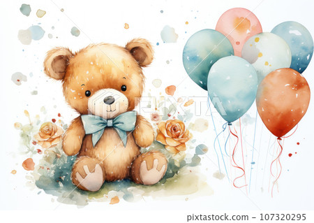 funny bear with flowers and balloons 107320295