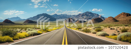 Highway along the mountains and desert 107320428