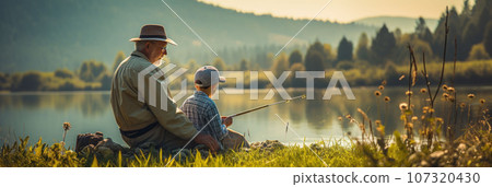 Senior man fishing with grandson 107320430