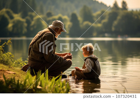 Senior man fishing with grandson 107320431