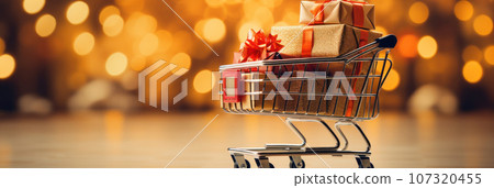 Shopping cart with gift boxes Shopping cart with gift boxes 107320455