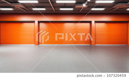 Closed orange roller shutters Closed orange roller shutters 107320459