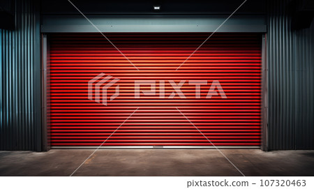 Closed gray red roller shutters Closed gray red roller shutters 107320463