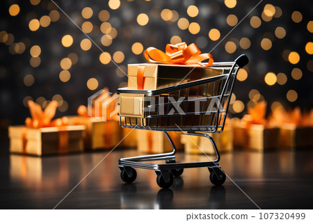 Shopping cart with bright gift boxes Shopping cart with bright gift boxes 107320499