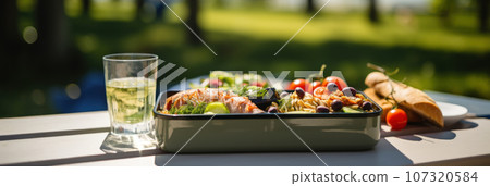 Lunchbox against the backdrop of the park Lunchbox against the backdrop of the park 107320584