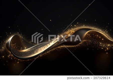 Abstract luxury shiny golden wave design element on black background. The golden color of a transparent smoky wave Abstract luxury shiny golden wave design element on black background. The golden color of a transparent smoky wave 107320614