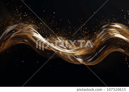 Abstract luxury shiny golden wave design element on black background. The golden color of a transparent smoky wave Abstract luxury shiny golden wave design element on black background. The golden color of a transparent smoky wave 107320615