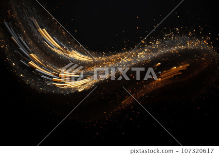Abstract luxury shiny golden wave design element on black background. The golden color of a transparent smoky wave 107320617