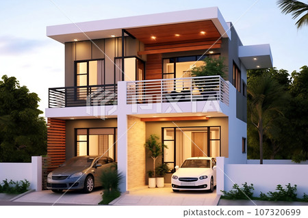 Modern cube house in summer with blue sky Modern cube house in summer with blue sky 107320699