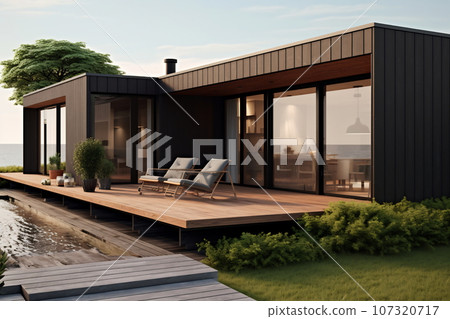Big family modern house with pond. Image of a residential house 107320717