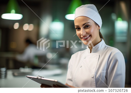 Female young auditor inspector in laboratory with green lighting. Examiner in white wear writing on tablet, checking the quality of goods and service Female young auditor inspector in laboratory with green lighting. Examiner in white wear writing on tablet, checking the quality of goods and service 107320726