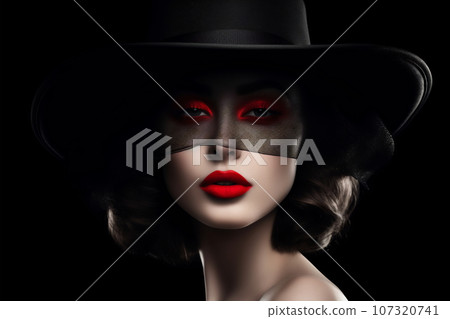 Beautiful woman in a black broad-brim hat with red lips 107320741