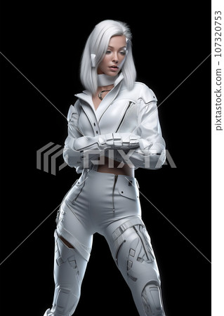 Girl in white futuristic clothes. Digital Technology. Artificial intelligence 107320753