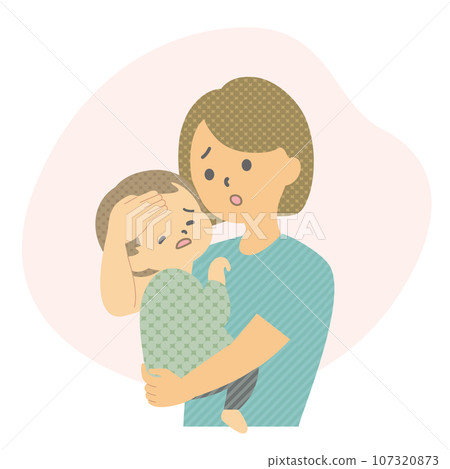 Illustration material: mother holding a feverish infant 107320873