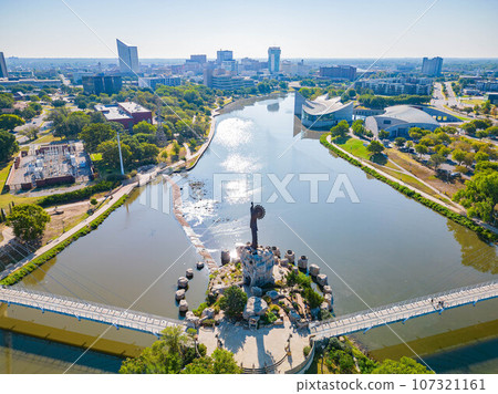 Sunny aerial view of The Keeper of the Plains 107321161