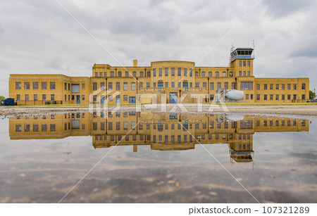 Overcast exteropr view of the Aviation Museum with reflection Overcast exteropr view of the Aviation Museum with reflection 107321289