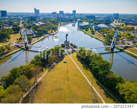 Sunny aerial view of The Keeper of the Plains 107321347