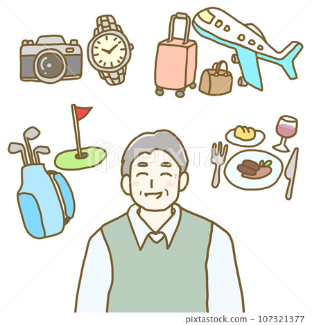 Illustration material: Smiling senior man and his hobbies in retirement 107321377