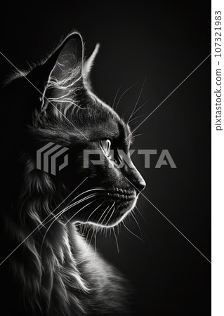 cat face portrait studio silhouette photo black white vintage backlit portrait contour tattoo 107321983